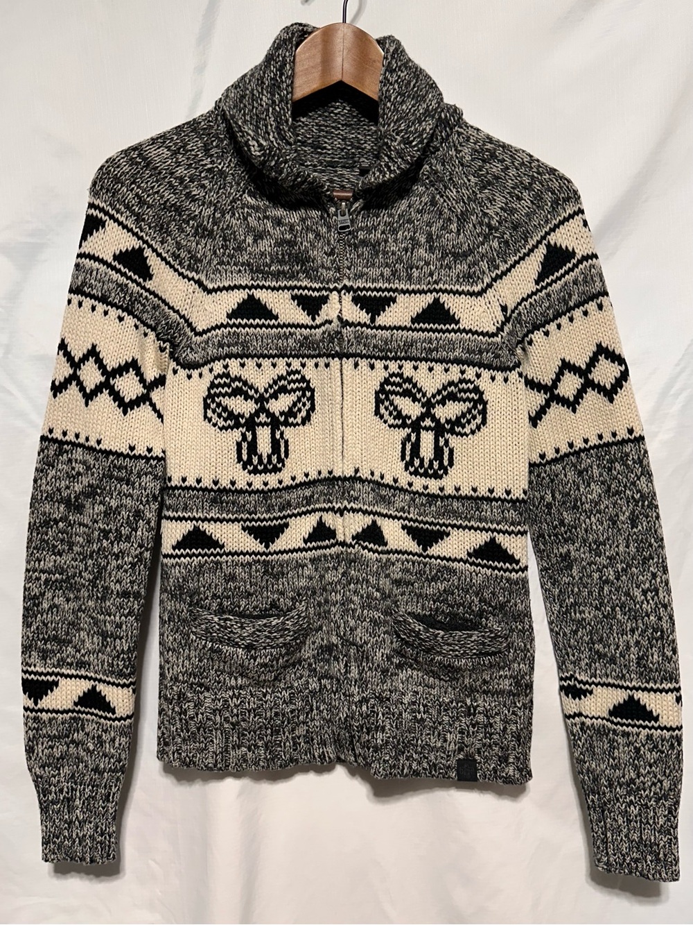 TNA Sea to Sky 100% Lambswool Nordic Full Zip Sweater Shawl Collar XS